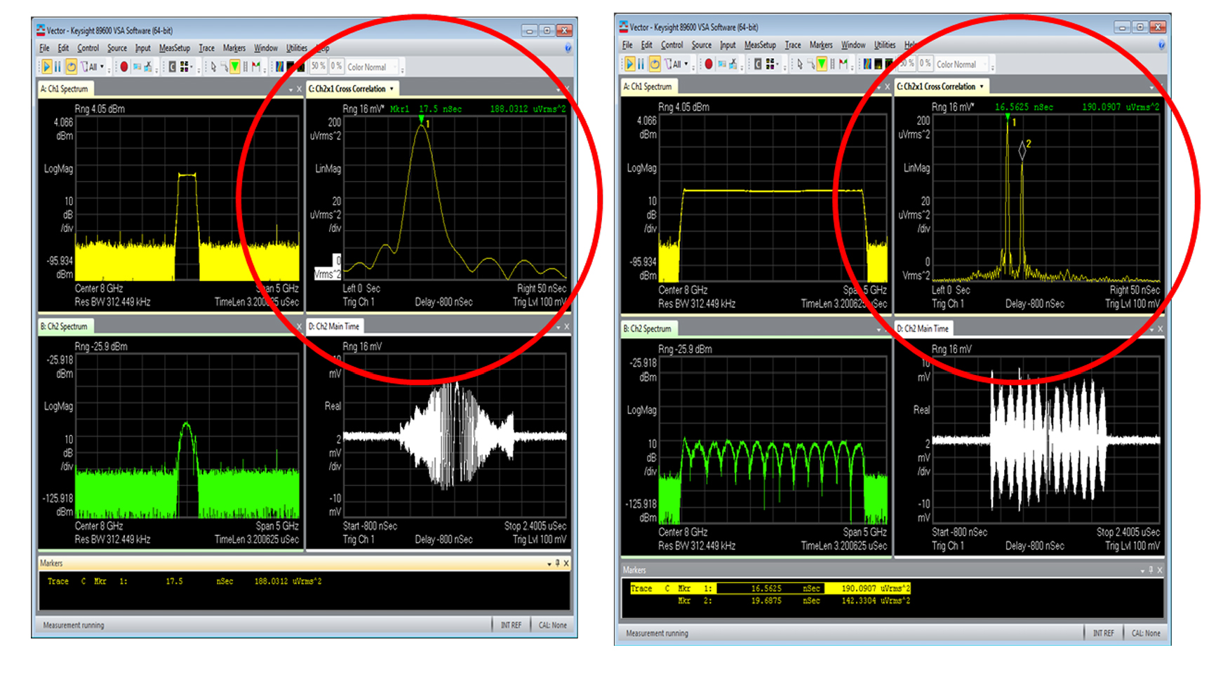 图 2 ：1 GHz（左）和 4 GHz（右）带宽的测试结果比较清晰地显示，只有带宽较宽的分辨率（右侧）才能检测到两个不同的物体.jpg